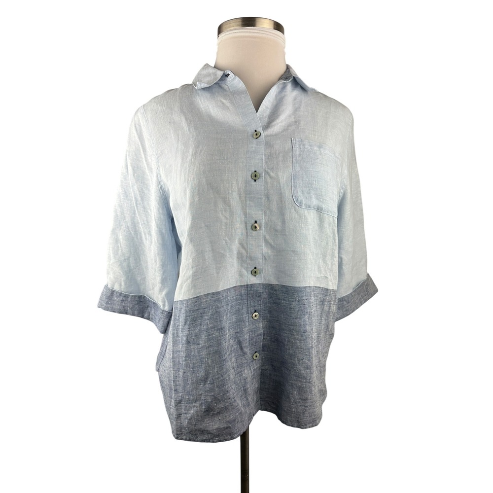 Chico's 100% Linen No-Iron Button-Up Shirt Colorblock TopSize 2 12 / 14 Coastal - Picture 5 of 10